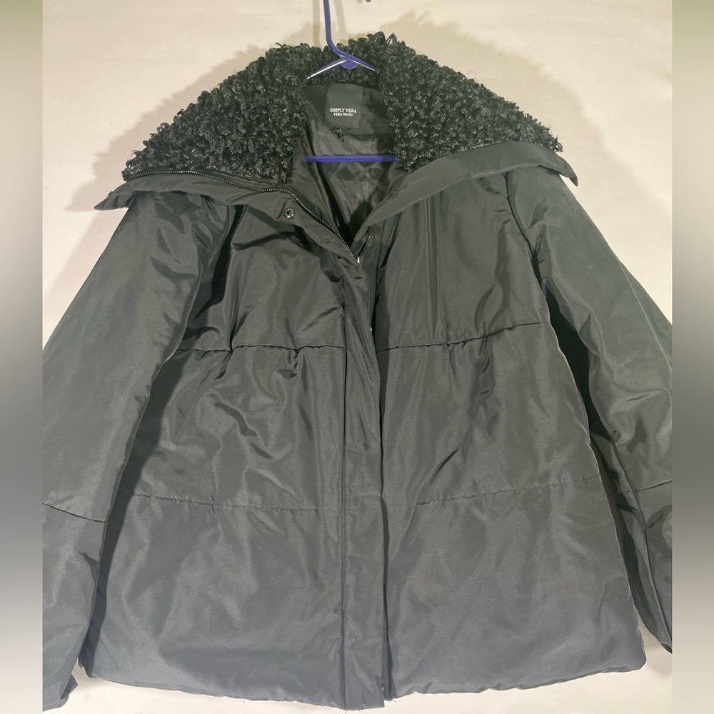 SIMPLY VERA VERA WANG WOMEN BLACK PUFFER STYLE‎ COAT W/FAUX FUR COLLAR WINTER LG